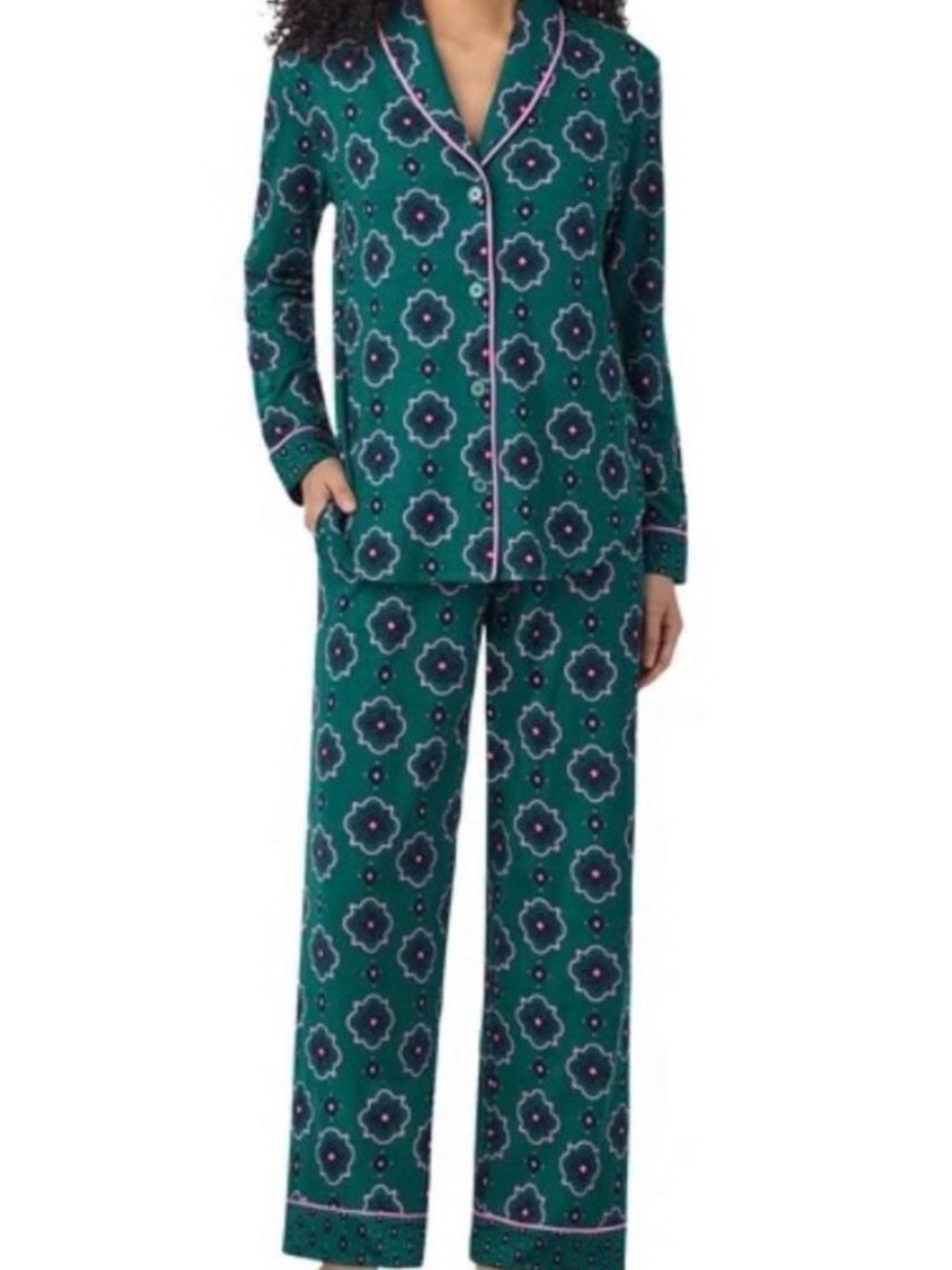 Room Service Shawl Collar Green Geometric Print Pajama Set Size Small